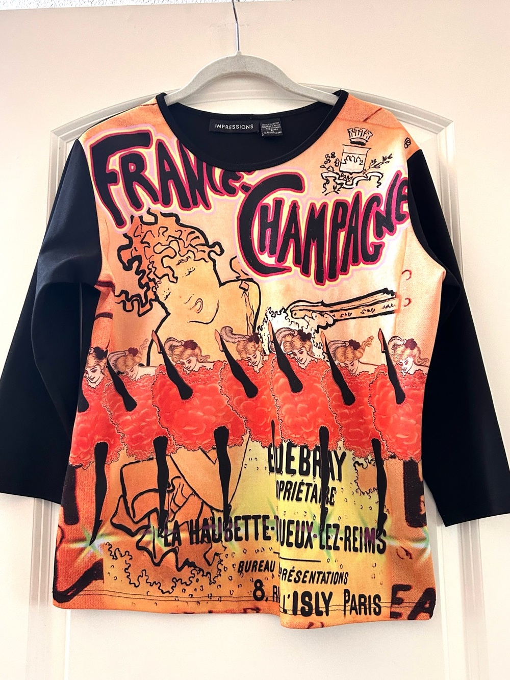 Impressions French Champagne Graphic Can Can 3/4 Sleeve Top. Artsy. Paris. Bold